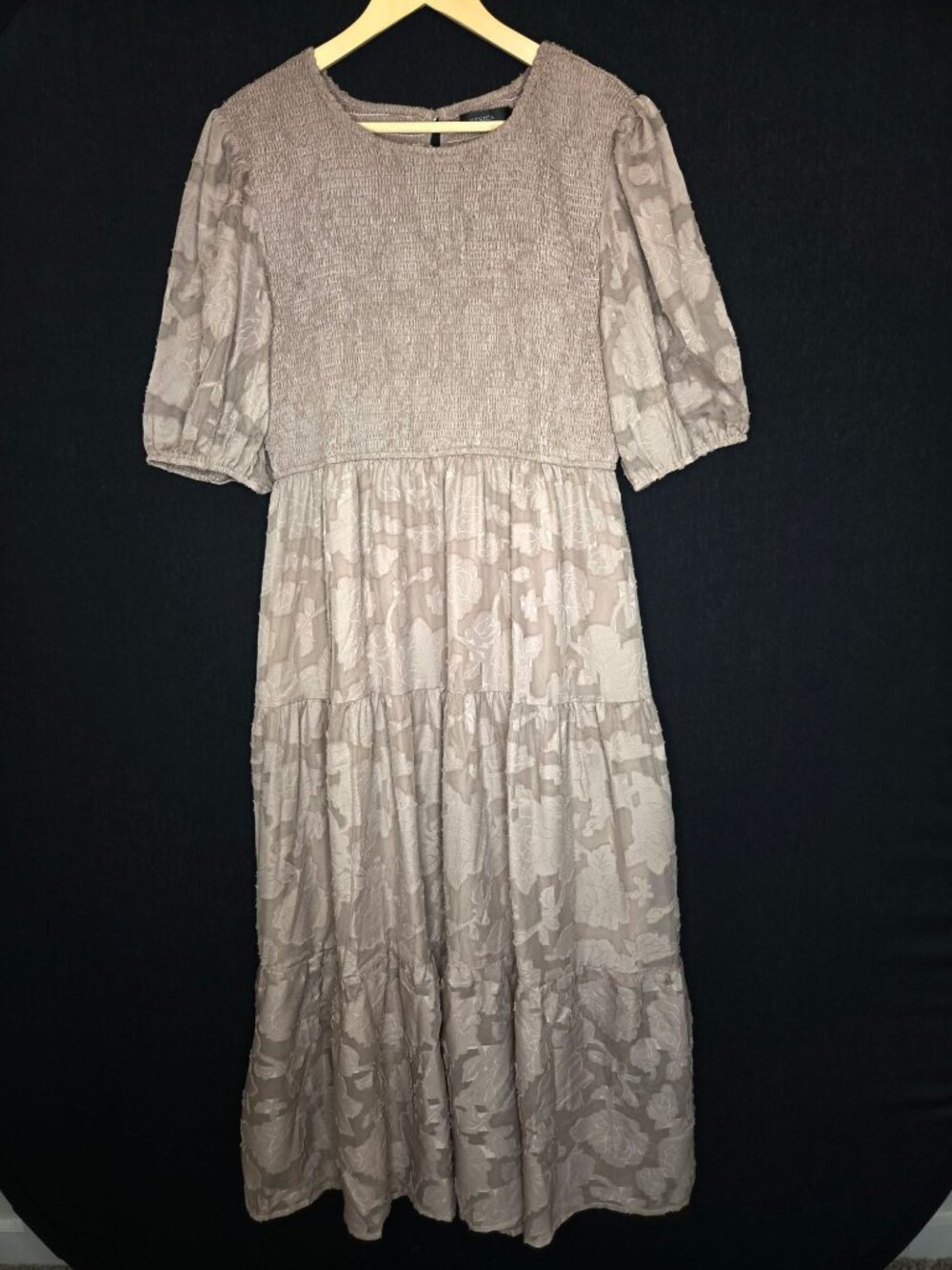 💙 ZESICA Taupe Floral Smocked Tiered Maxi Dress Size XL Puff Sleeve Boho Cottag